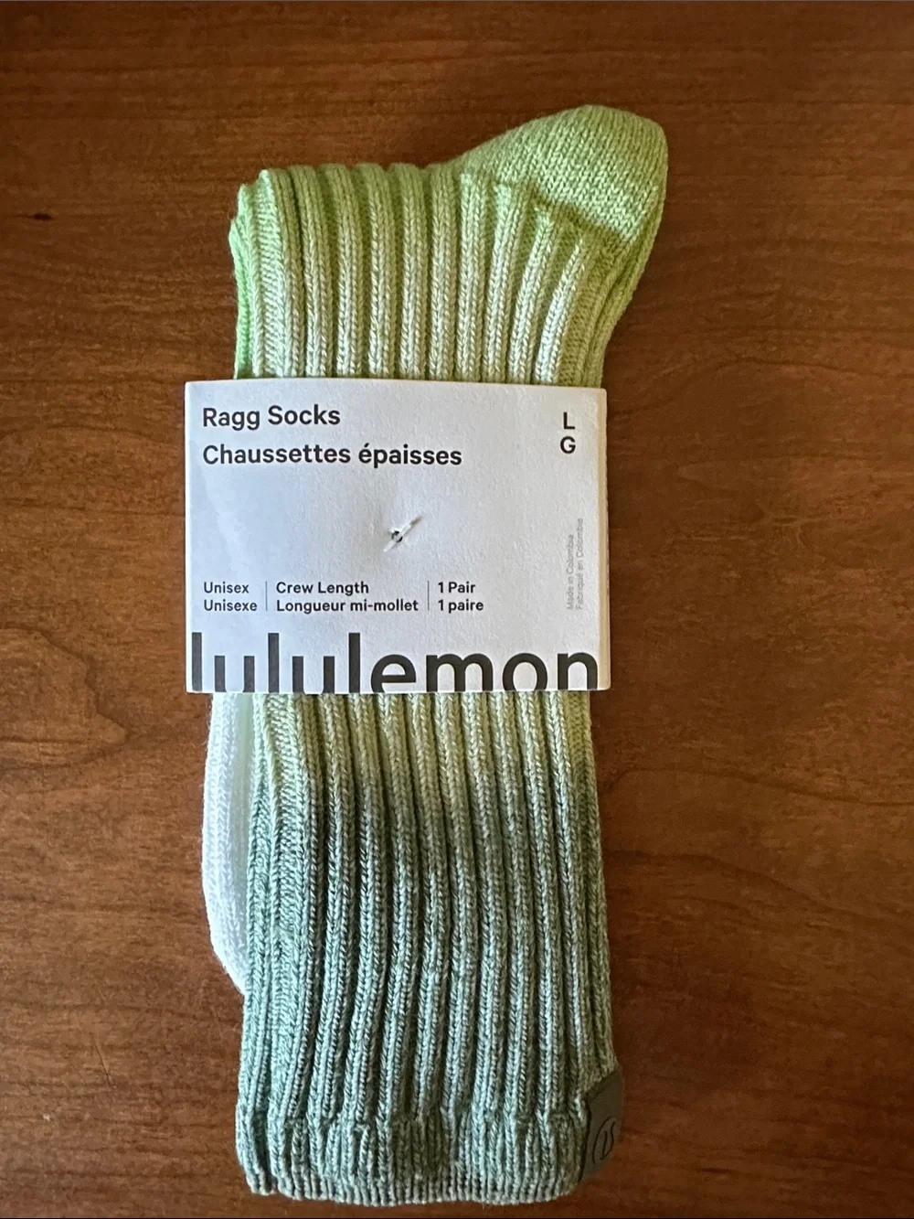 Lululemon Green and White Ribbed Ragg Crew Socks - NWT